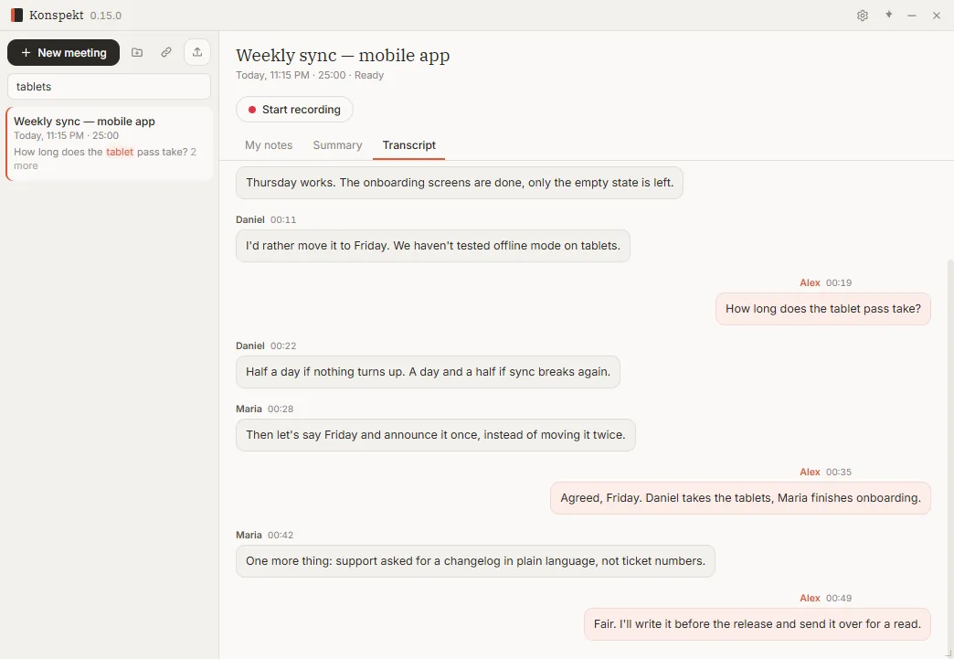 Searching all calls: the found word highlighted in a transcript