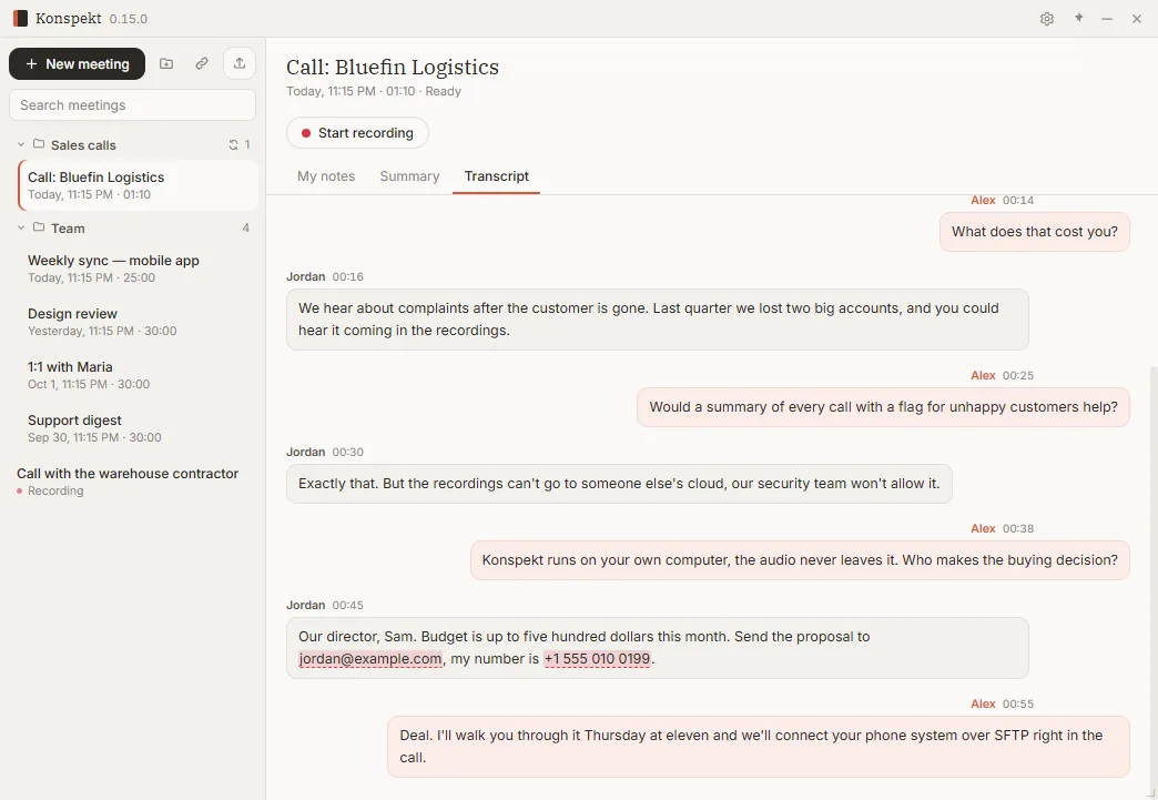 Personal data highlighted in a call transcript before sharing