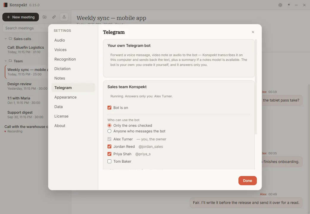 Telegram bot settings in Konspekt: who can use the bot